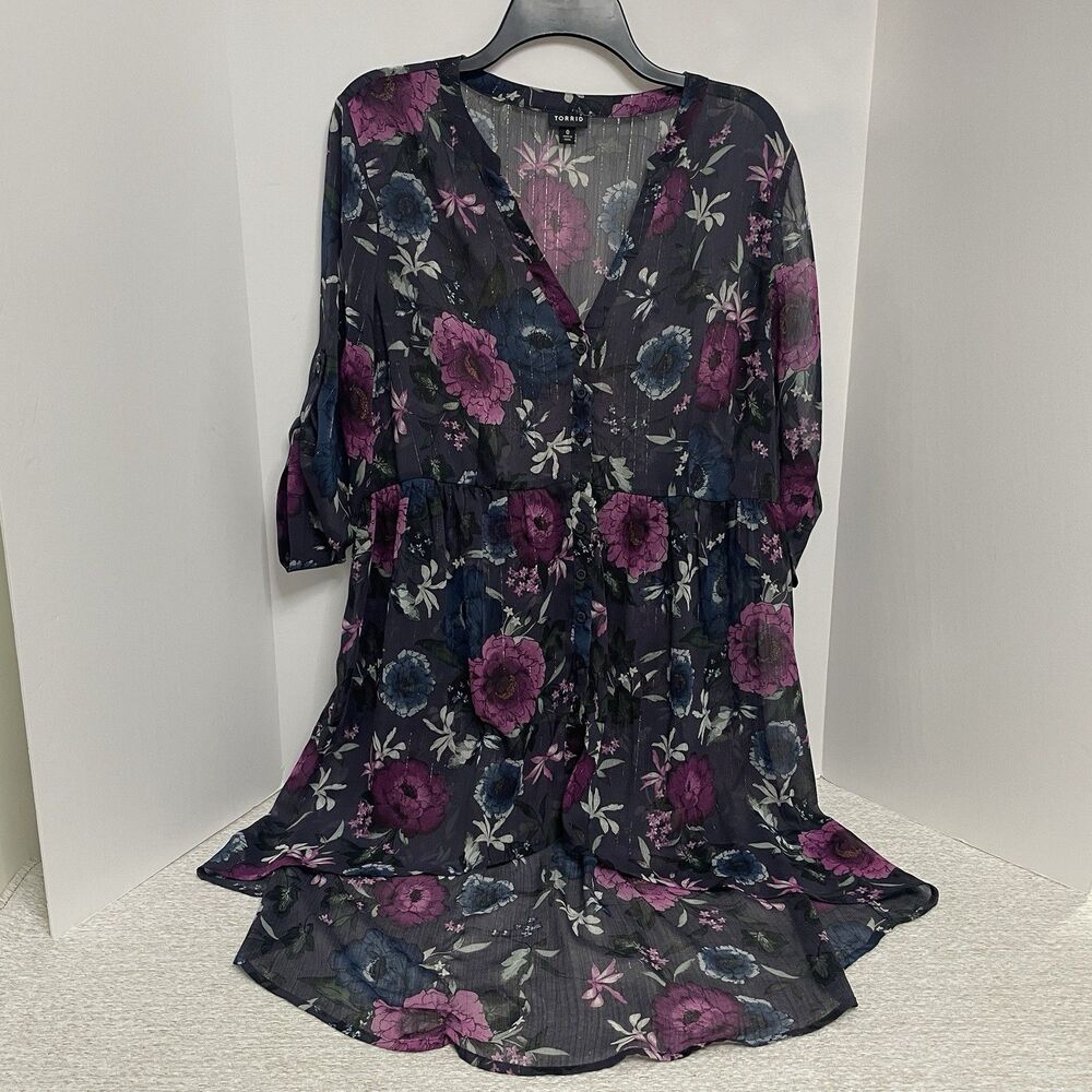 Torrid Womens 0 3/4 Sleeve Floral Sheer Full Button Front Tunic Blouse